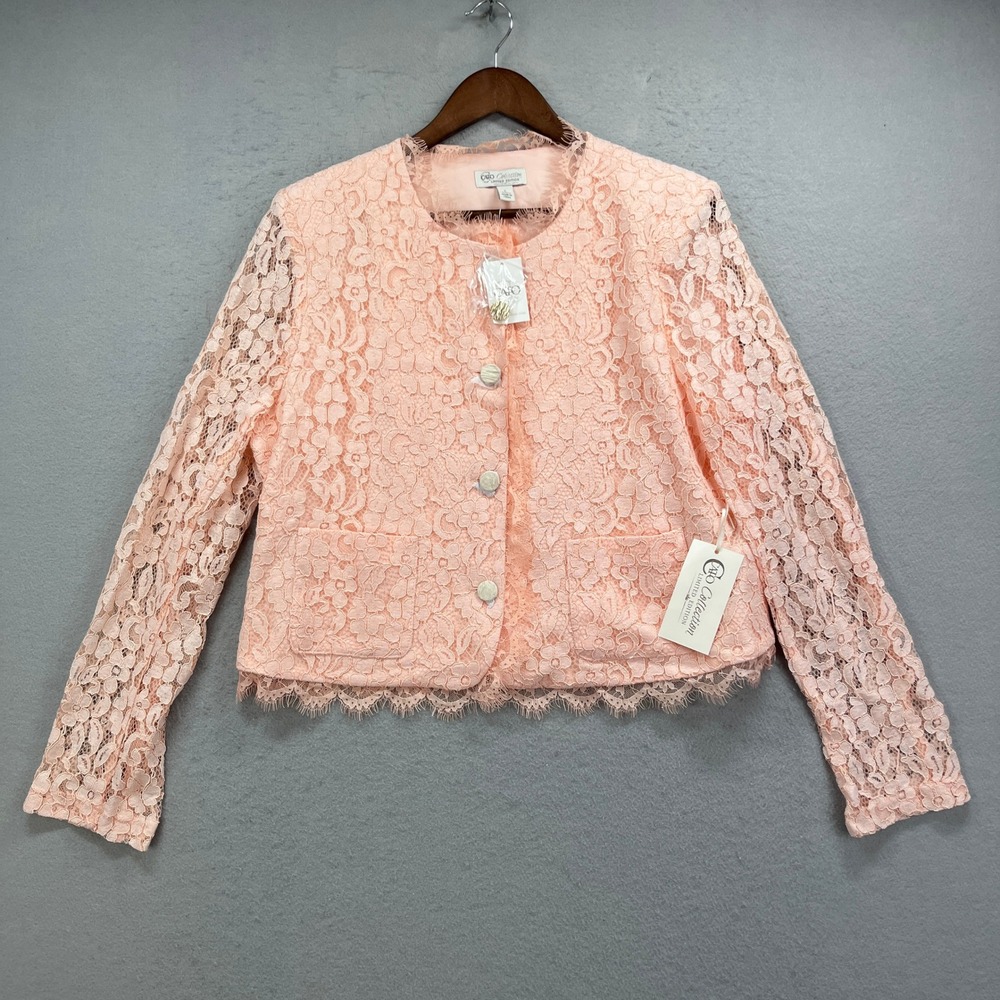 Cato Collection Lace Blazer Womens L Pink Floral Eyelash Trim Coquette Romantic